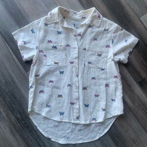 Rae Dunn White Button-Down Shirt with Multicolor Butterfly Print